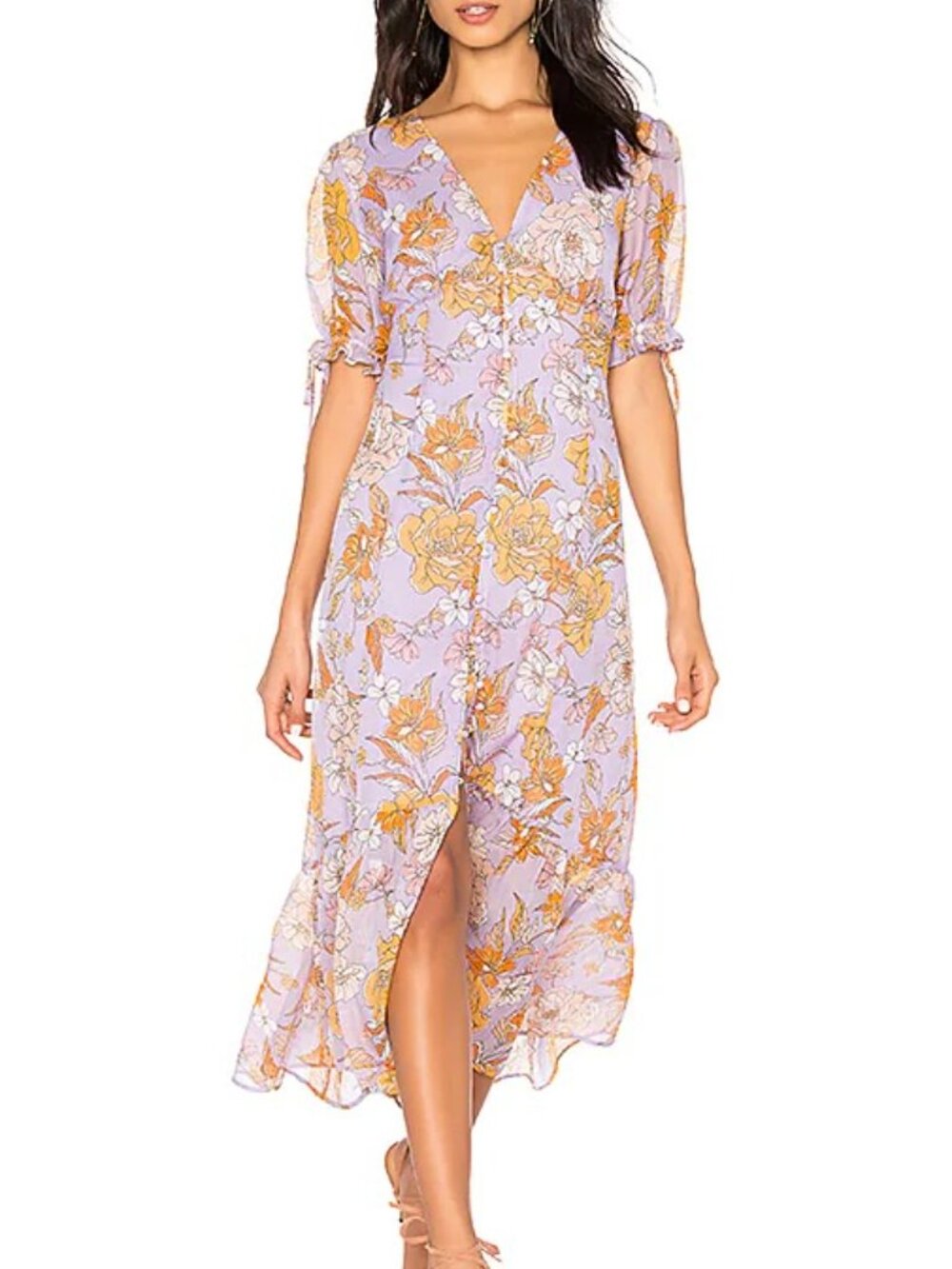 ASTR Chandler Lilac Floral Print Short Sleeve Midi Dress